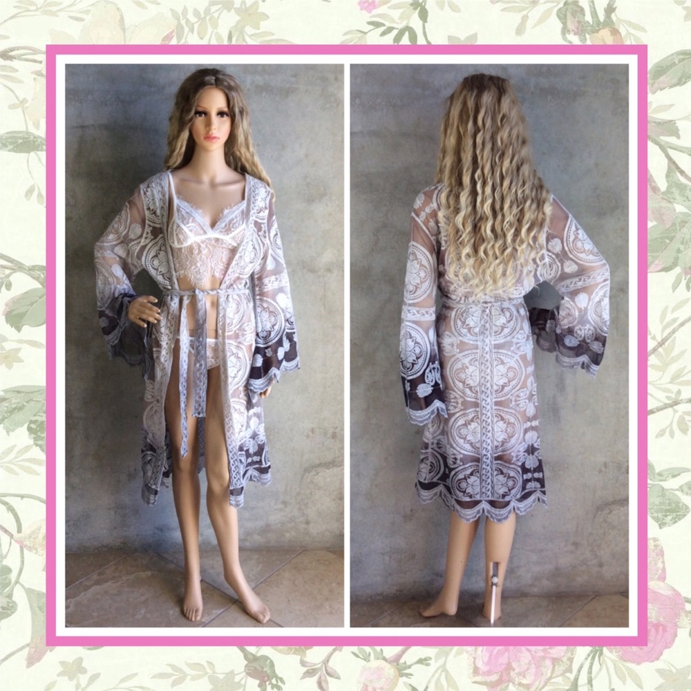 🌸 ROBE OMBRE LACE BELL SLEEVE KAFTAN DUSTER BOHO FESTIVAL BOHEMIAN MIDI KIMONO